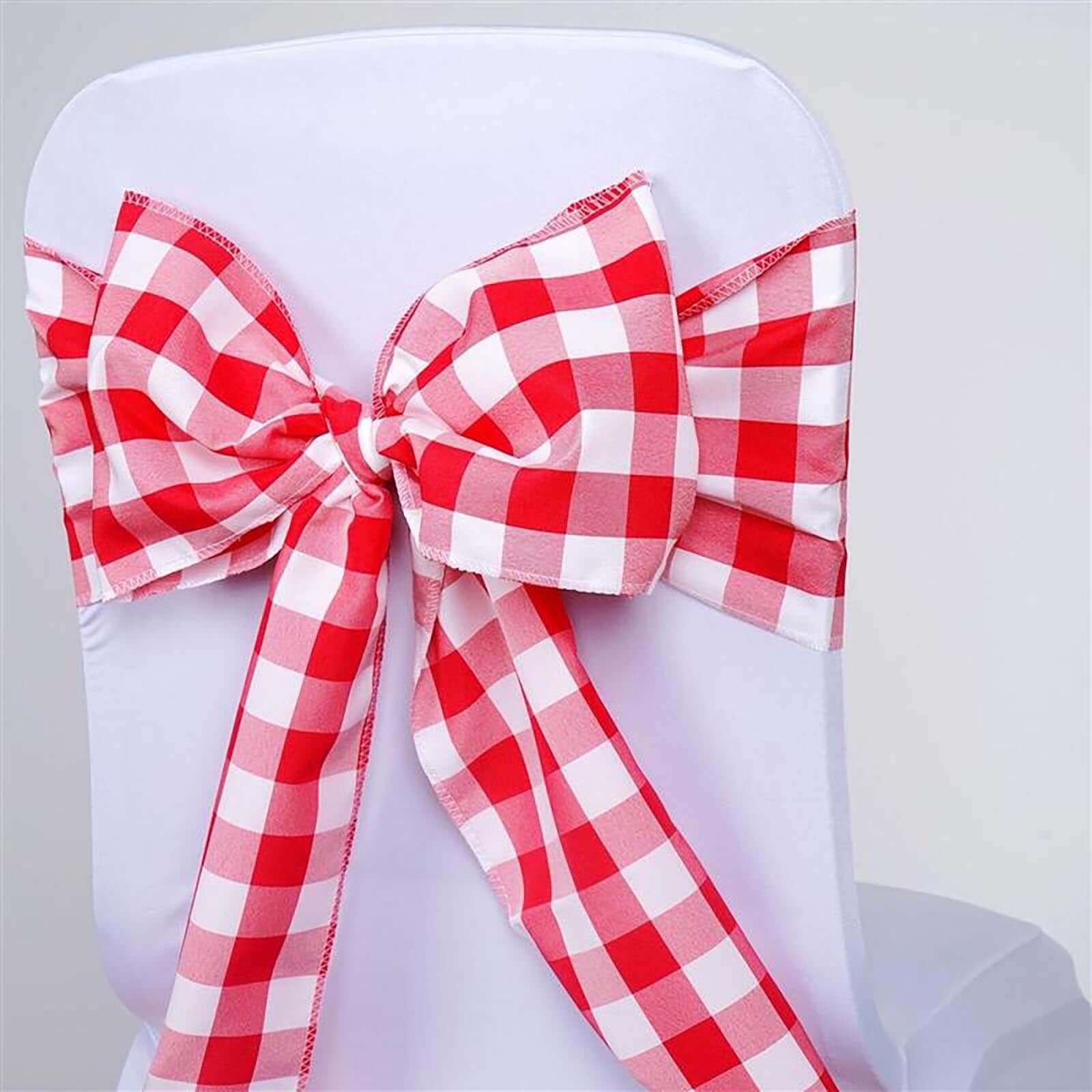 5 Pack Polyester Chair Sashes Red/White Buffalo Plaid - Durable & Reusable Chair Bows 6"x108"