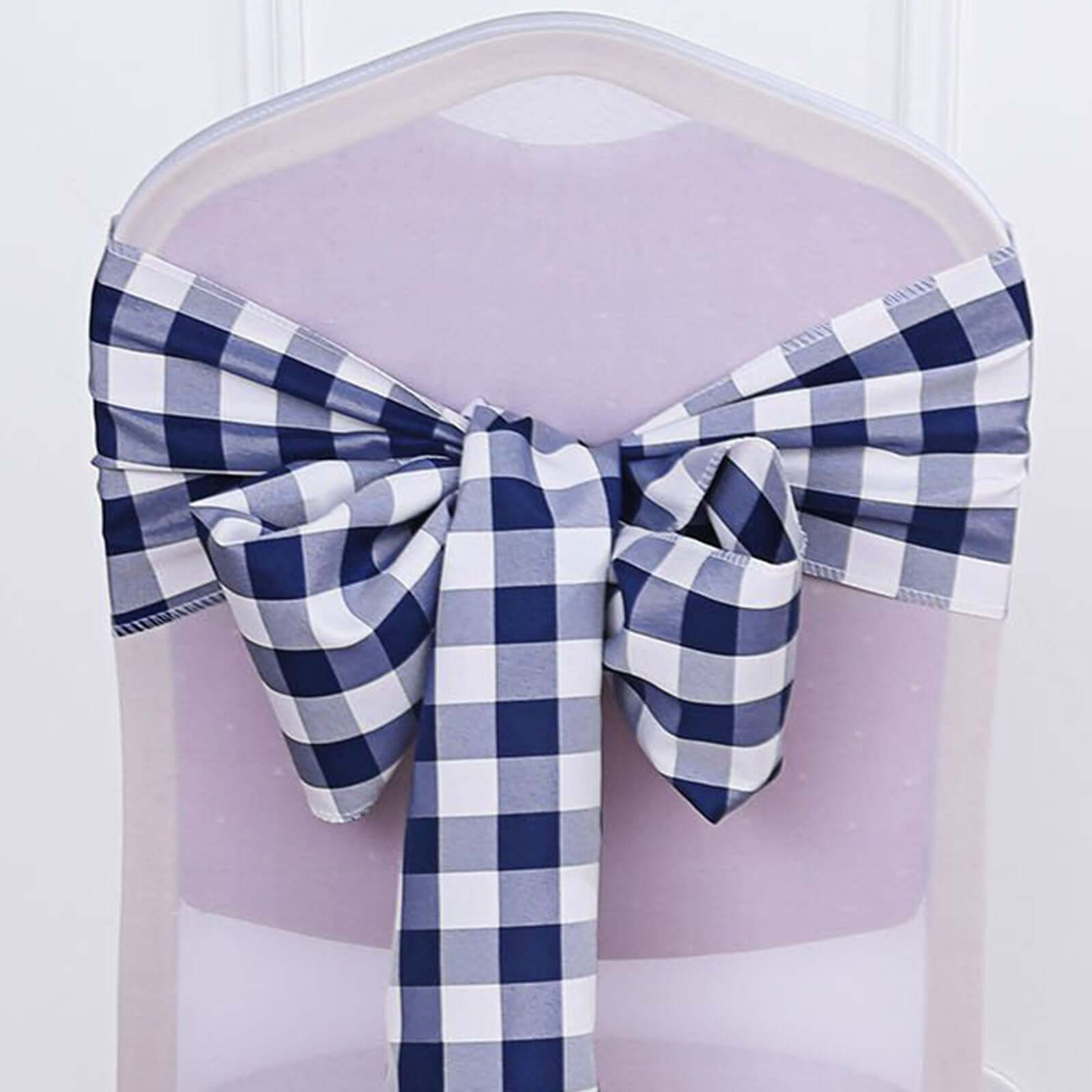 5 Pack Polyester Chair Sashes Navy Blue/White Buffalo Plaid - Durable & Reusable Chair Bows 6"x108"