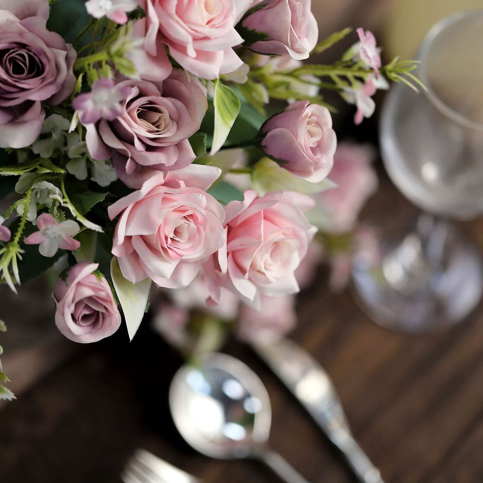 4 Bushes 12" Dusty Rose Real Touch Artificial Silk Rose Flower Bouquet, Faux Bridal Flowers