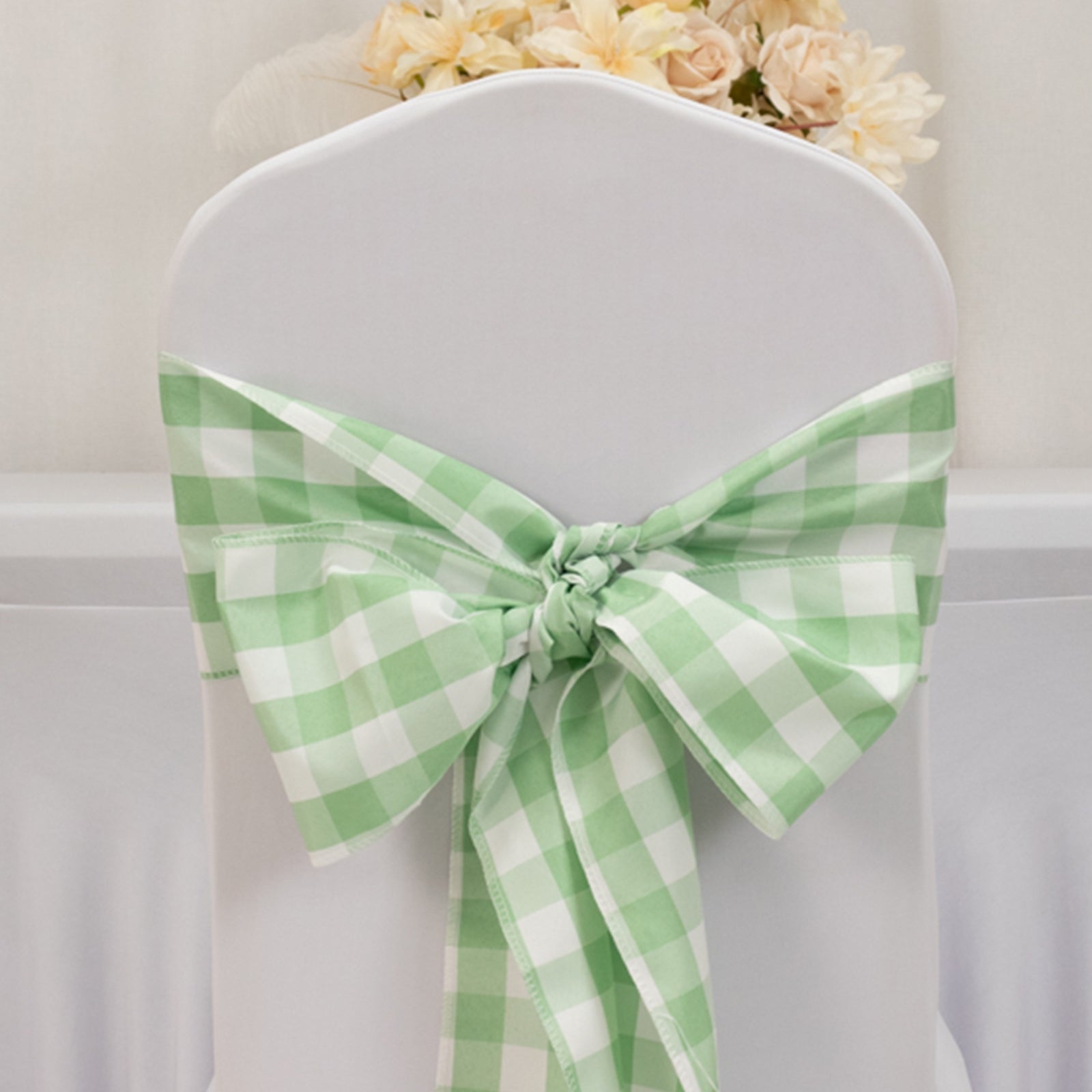 5 Pack Polyester Chair Sashes Sage Green/White Buffalo Plaid - Durable & Reusable Chair Bows 6"x108"