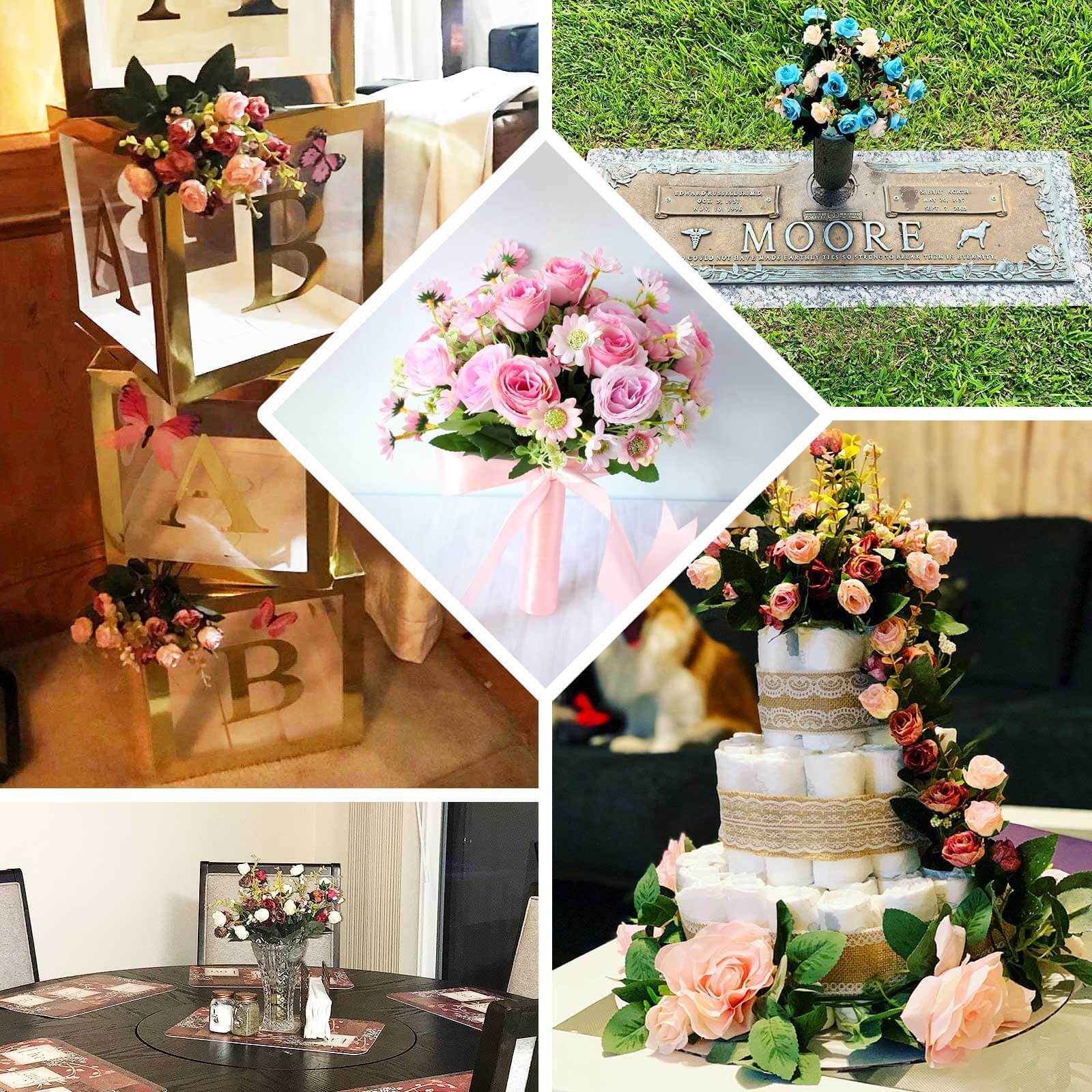 4 Bushes 12" White Real Touch Artificial Silk Rose Flower Bouquet, Faux Bridal Flowers