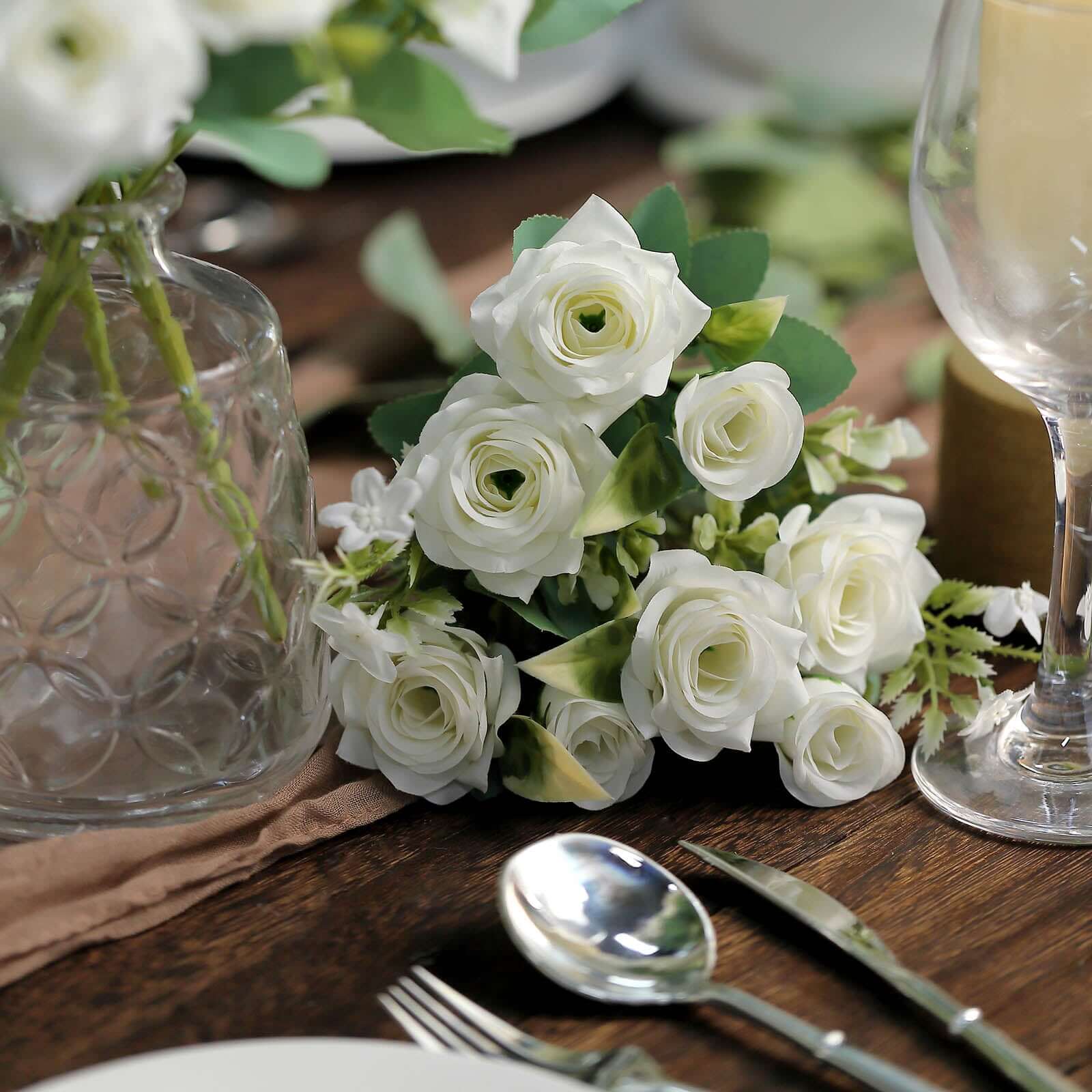 4 Bushes 12" Ivory Real Touch Artificial Silk Rose Flower Bouquet, Faux Bridal Flowers