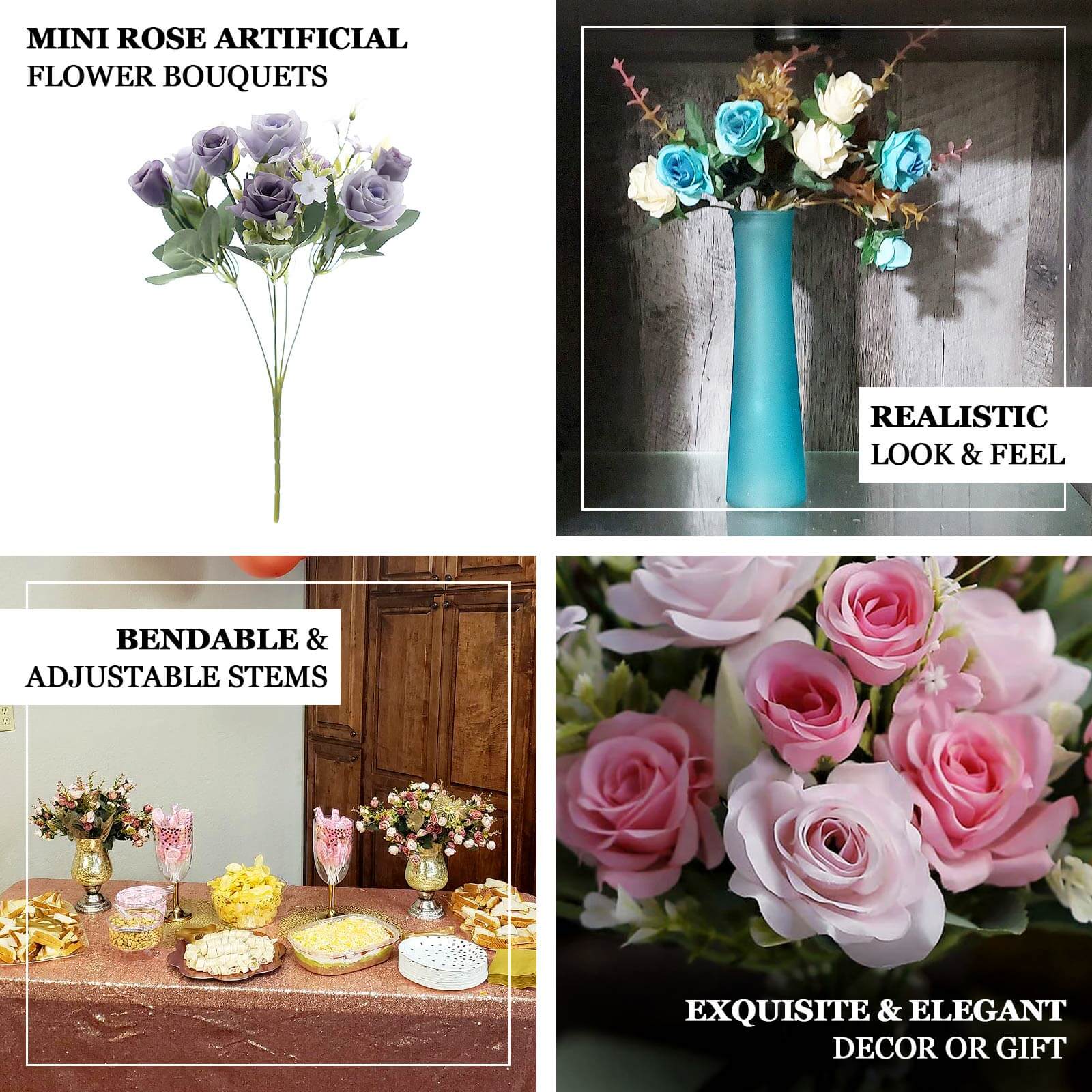 4 Bushes 12" Blush Real Touch Artificial Silk Rose Flower Bouquet, Faux Bridal Flowers